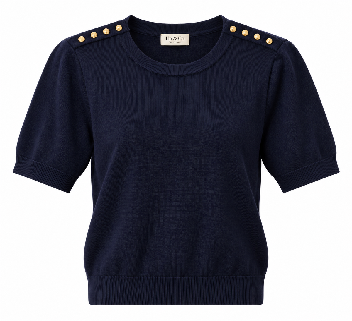 Kyla Gold Button Shoulder Crewneck Short Sleeve Sweater