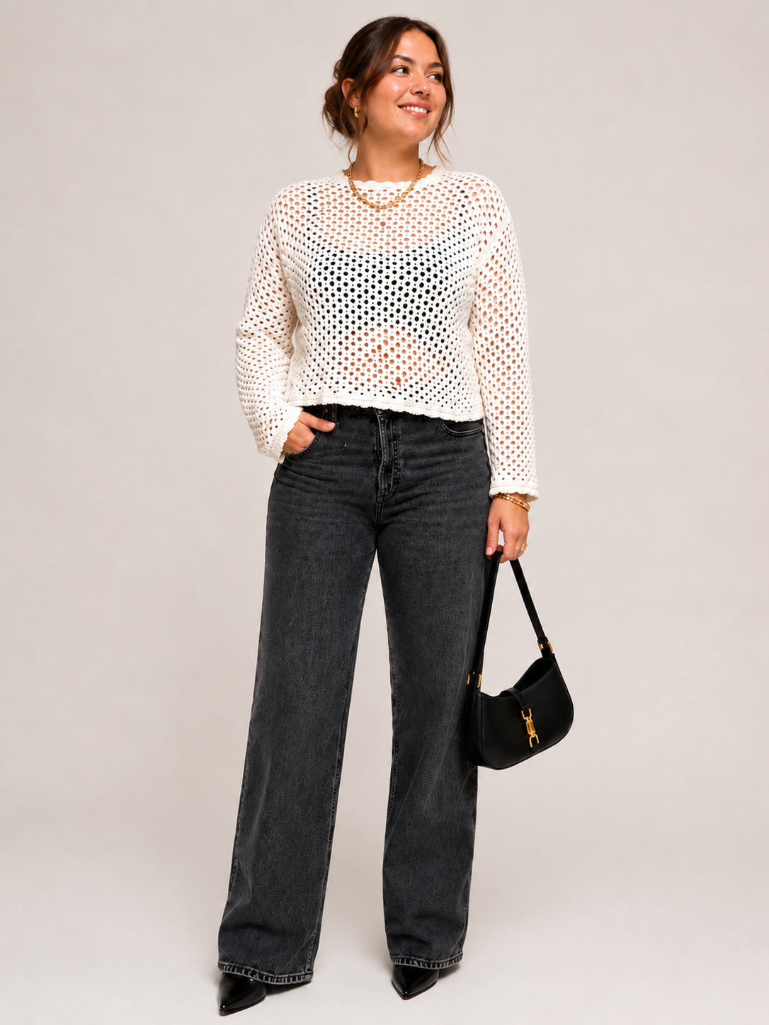 Katerina Crochet Open Knit Scallop Trim Sweater