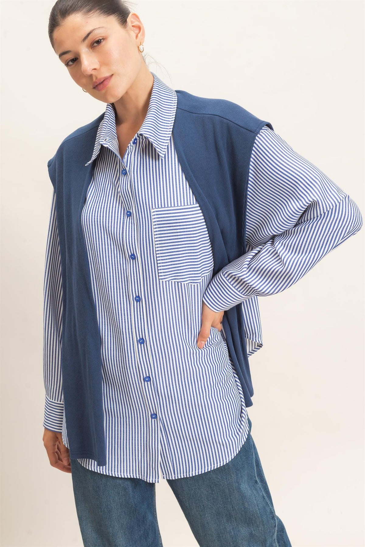 Levy striped Button-up Shirt With Faux Tie