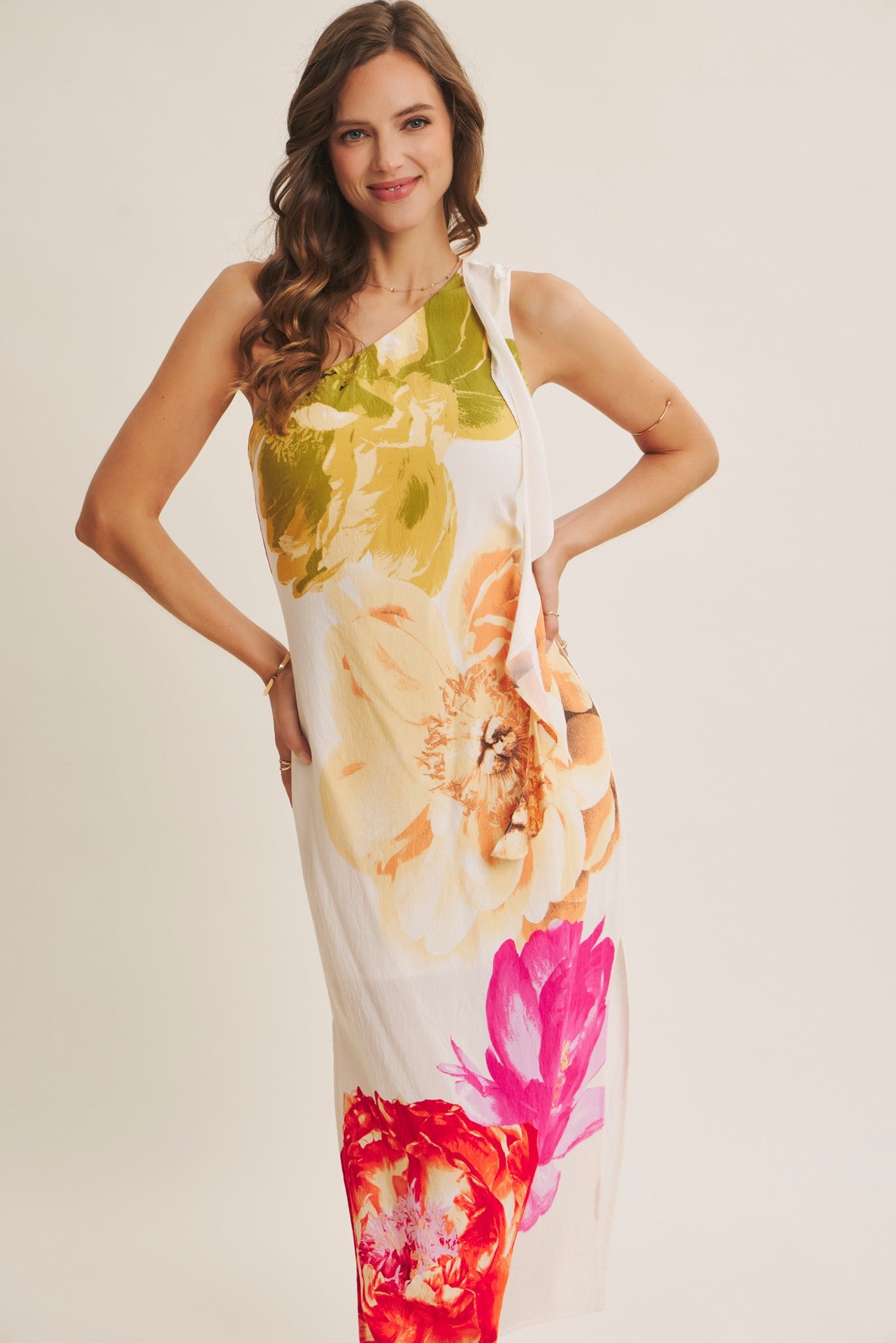 Selena One Shoulder Large Floral Print Midi Dress