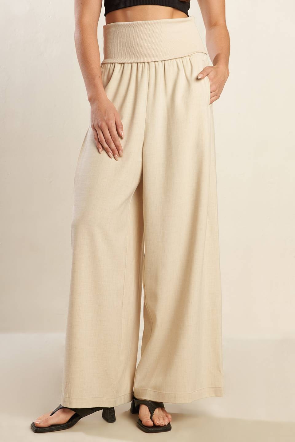 Hazel Solid Woven Pant with Knit Waist Fold Over and Wide Leg