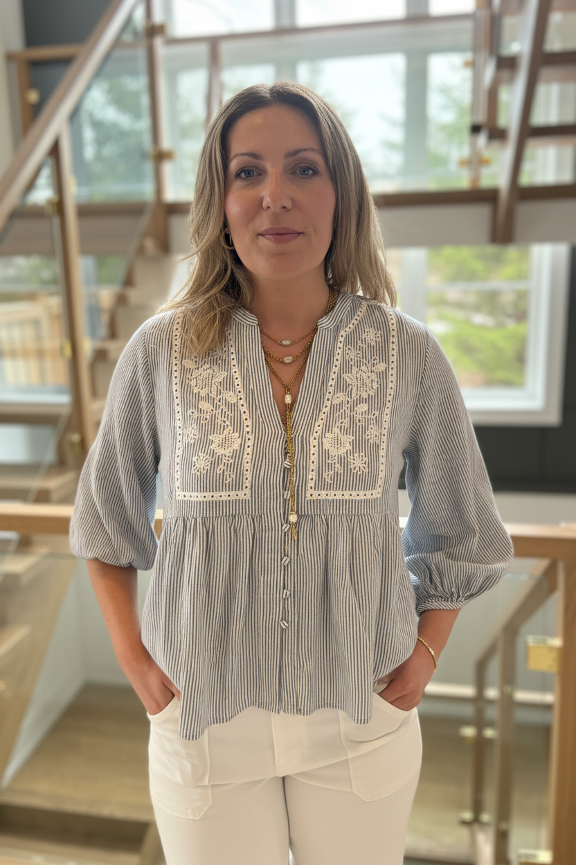 Valentina Embroidered Striped Button Up Woven Top