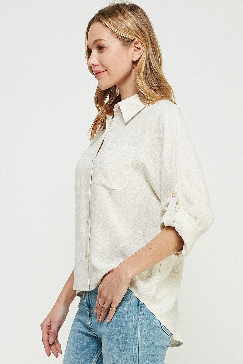 Avry Relaxed Fit Linen Blend Long Sleeve Roll Tab Dolman Button Front Shirt