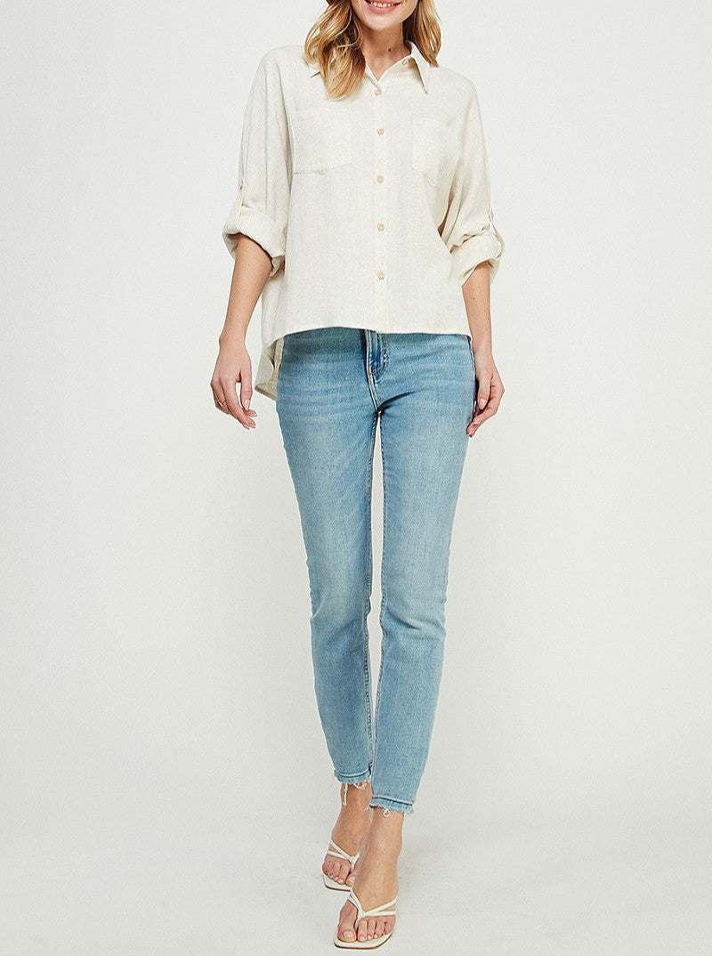 Avry Relaxed Fit Linen Blend Long Sleeve Roll Tab Dolman Button Front Shirt