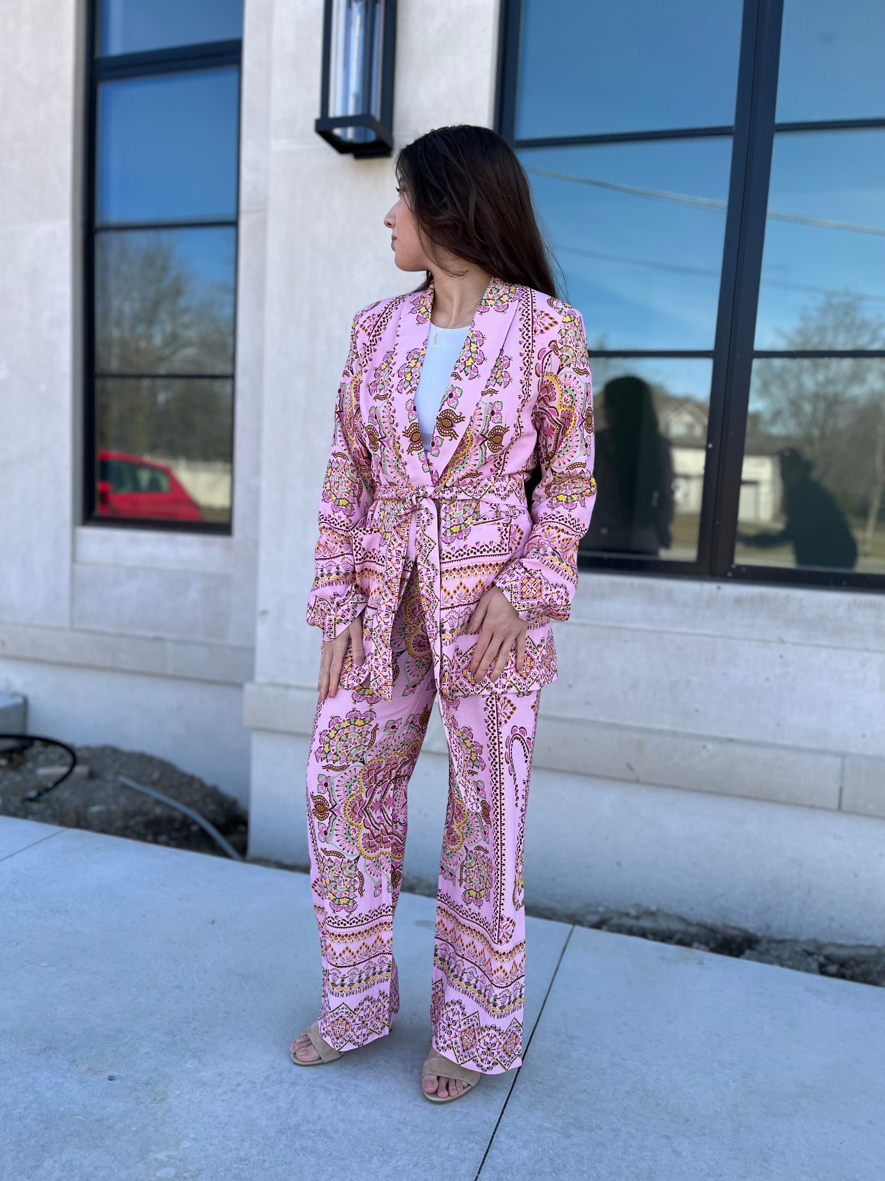 Raquel Border Print Linen Blend High Waist Trousers