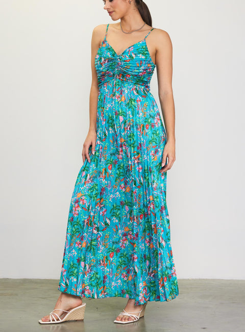 Wayan Tropical Print Pleated Dress