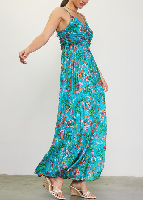 Wayan Tropical Print Pleated Dress