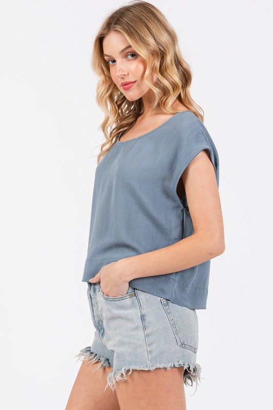 Cindy Woven Boxy Top With Extended Sleeve And Round Neck