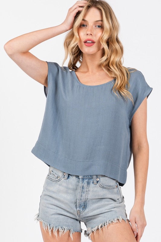 Cindy Woven Boxy Top With Extended Sleeve And Round Neck
