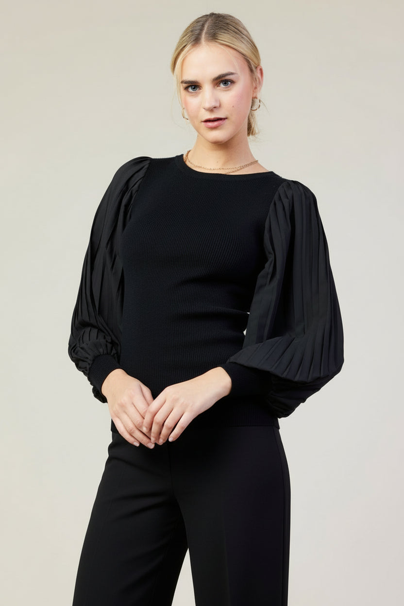 Ariela Mixed Media Pleated Sleeveless Top