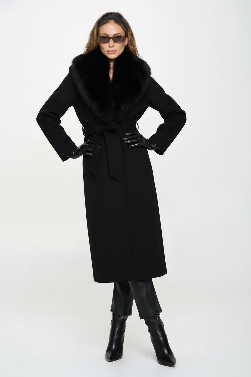 Lily Belted Long Vegan Wool Coat with Removable Fur Collar