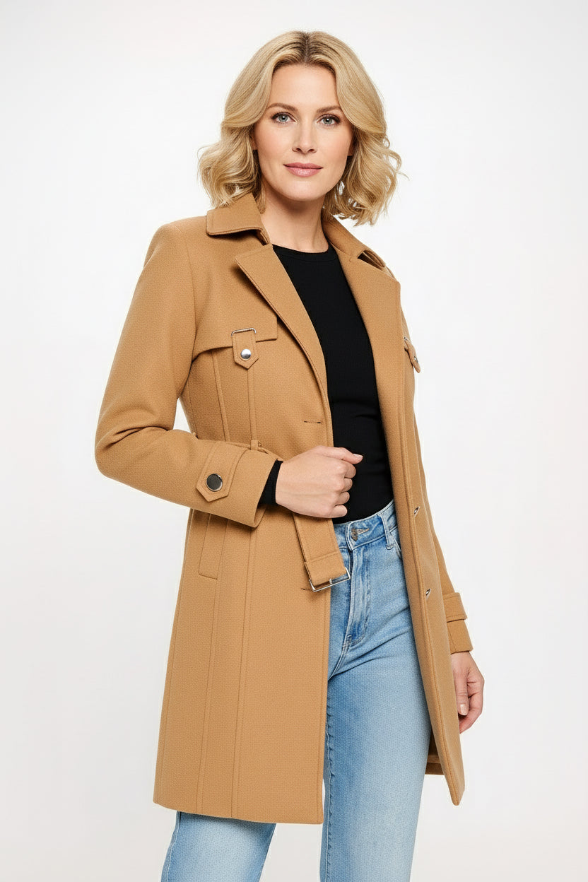 Adel Belted Mid Length Single Breasted Vegan Wool Coat