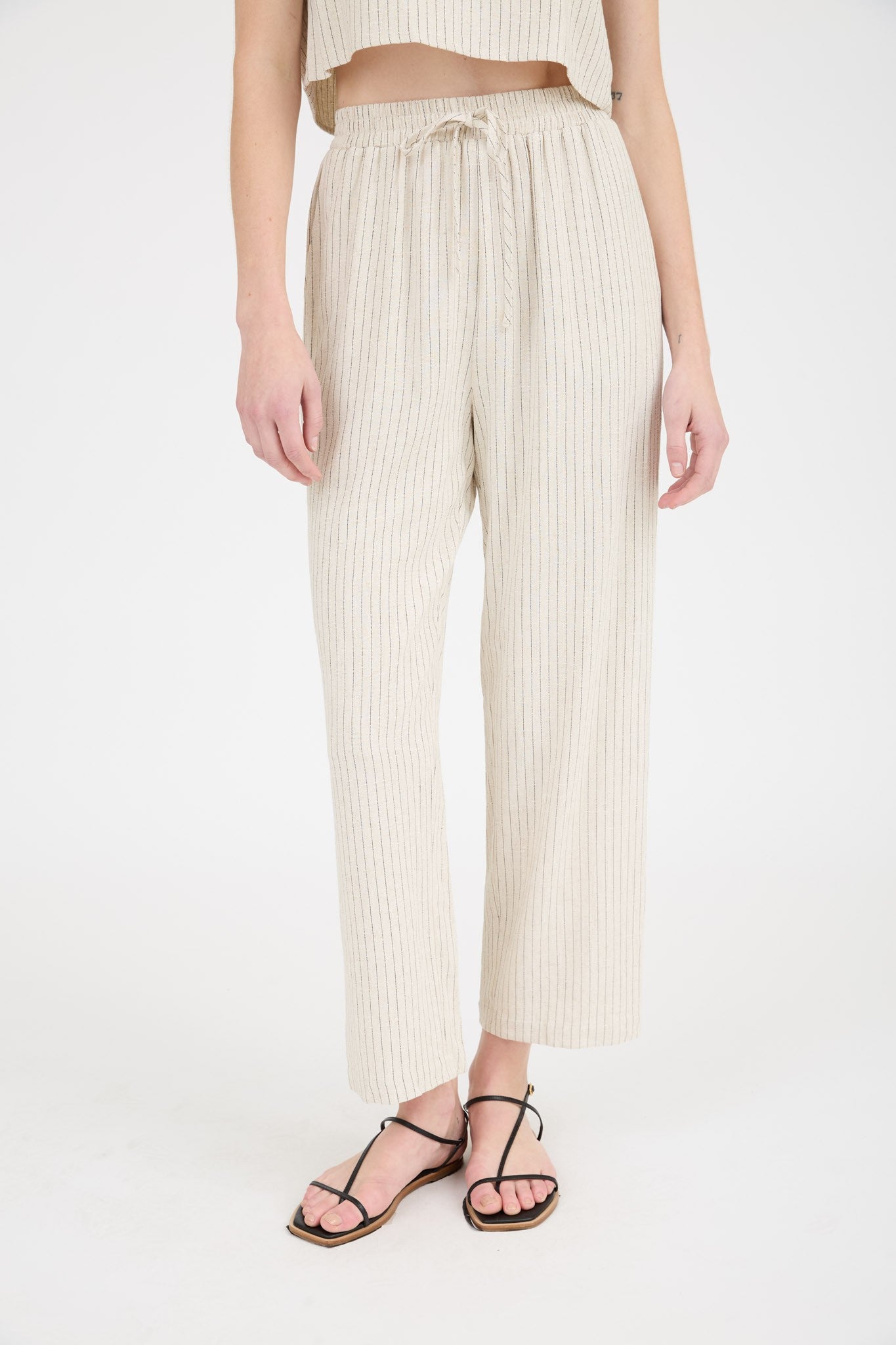 Ria Pinstripe Drawstring Straight Leg Linen Pants
