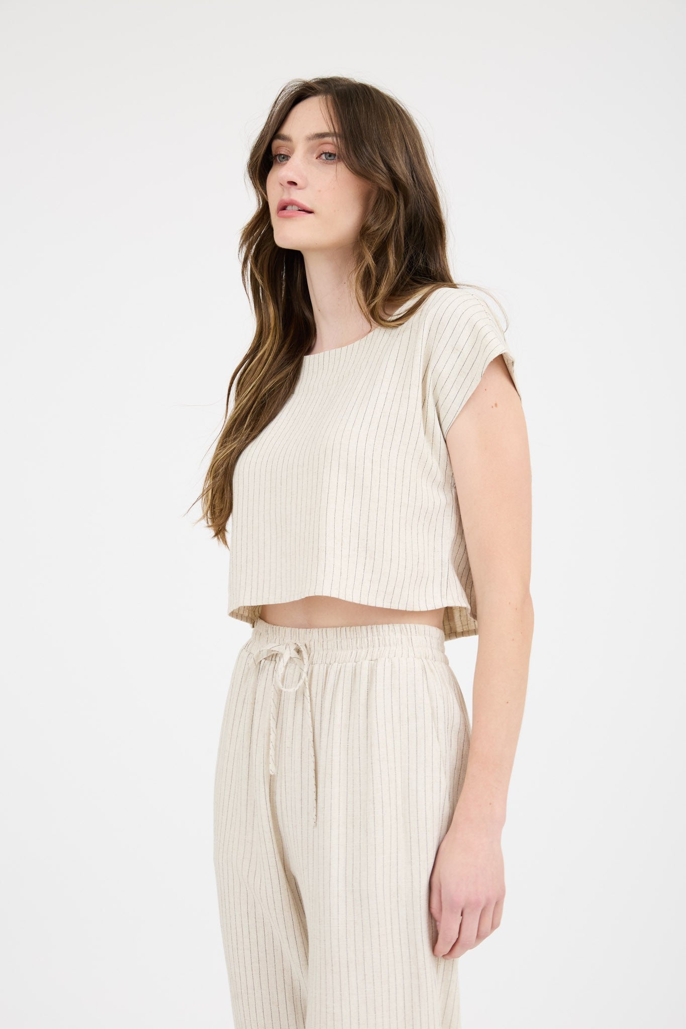 Ruby Pinstripe Back Button Short Sleeve Linen Top