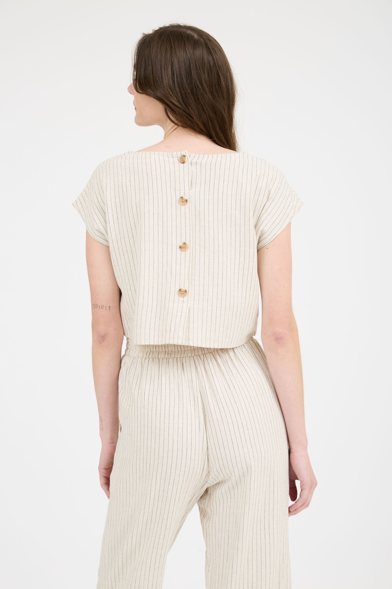 Ruby Pinstripe Back Button Short Sleeve Linen Top