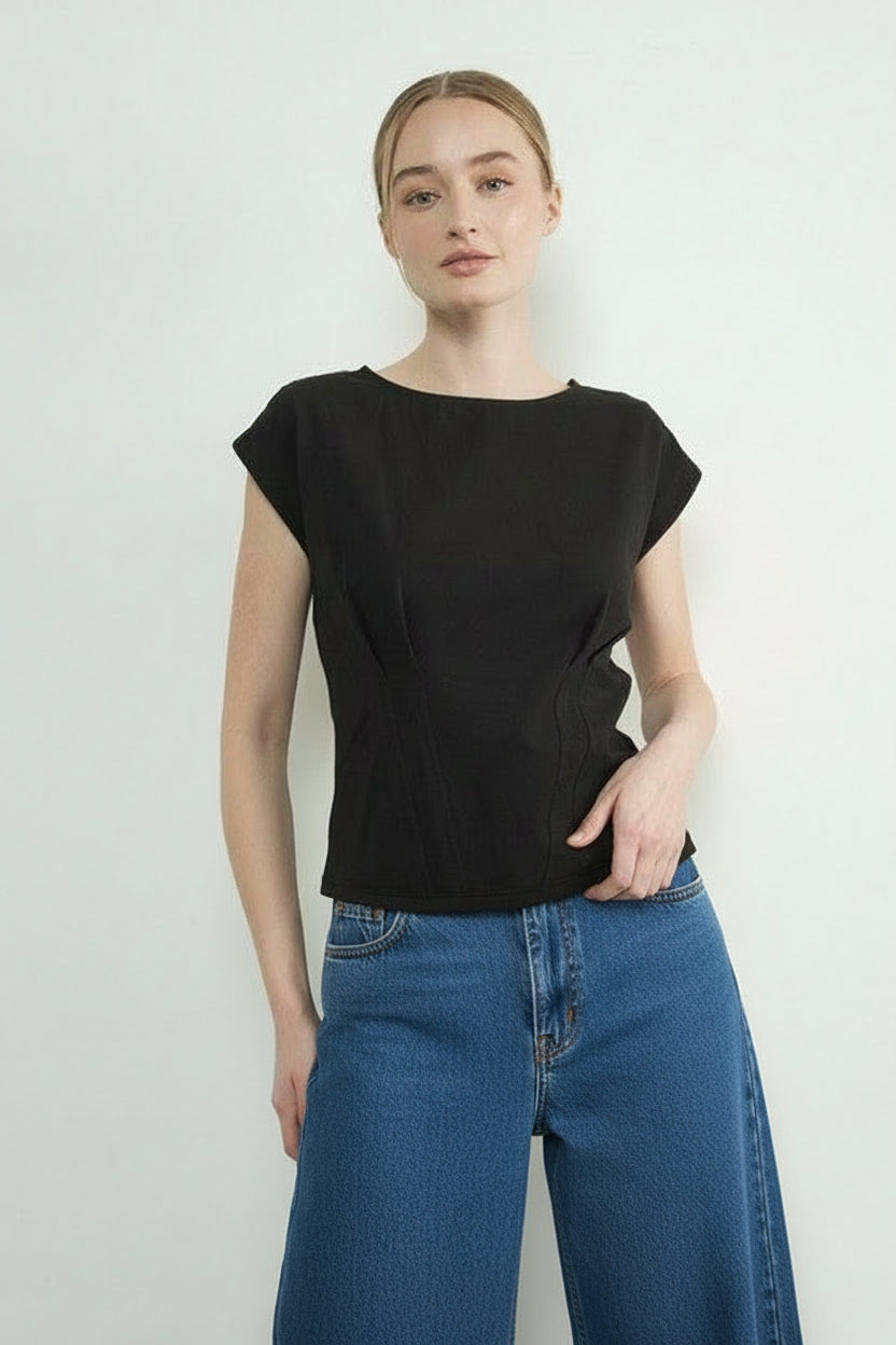 Deva Pleated Detail Short Sleeve Drop Shoulder Knit Top