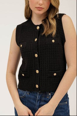 Devin Gold Button Sleeveless Pocket Detail Knit Vest Cardigan