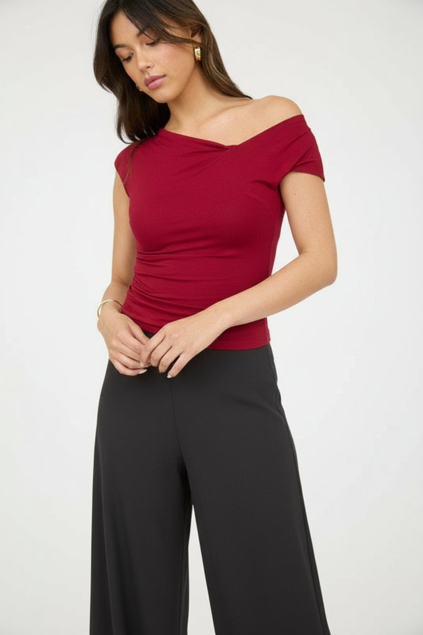 Flynn Asymmetrical Wrap Neckline Knit Top