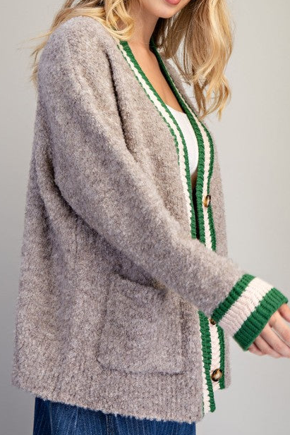 Mocha Mousse Trim Button Down Preppy Cardigan