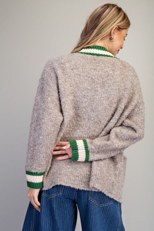 Mocha Mousse Trim Button Down Preppy Cardigan