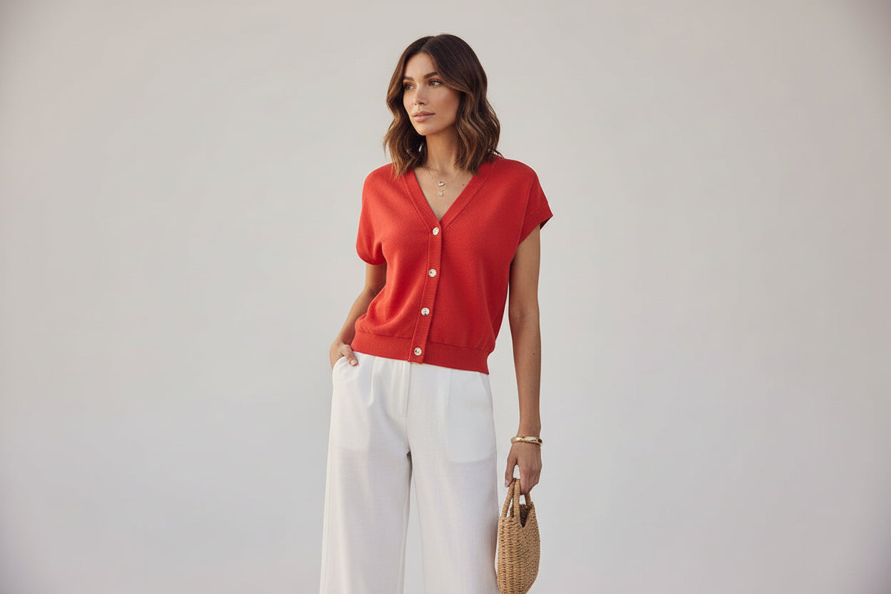 Woman wearing a red top and white pants against a gray background