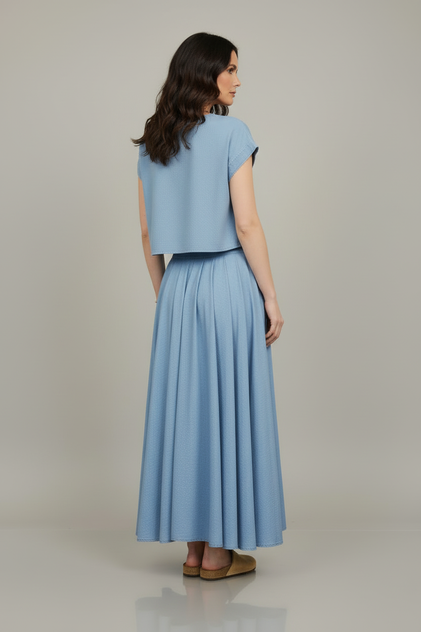 Lola Chambray Pleated Midi Skirt & Boat Neck Boxy Top Set