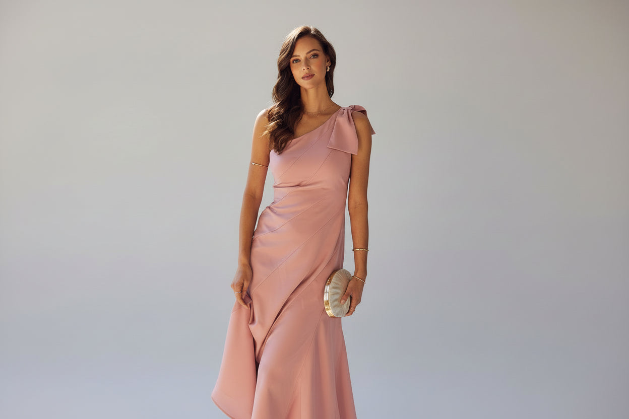 Tia One Shoulder Bow Detail Midi Dress