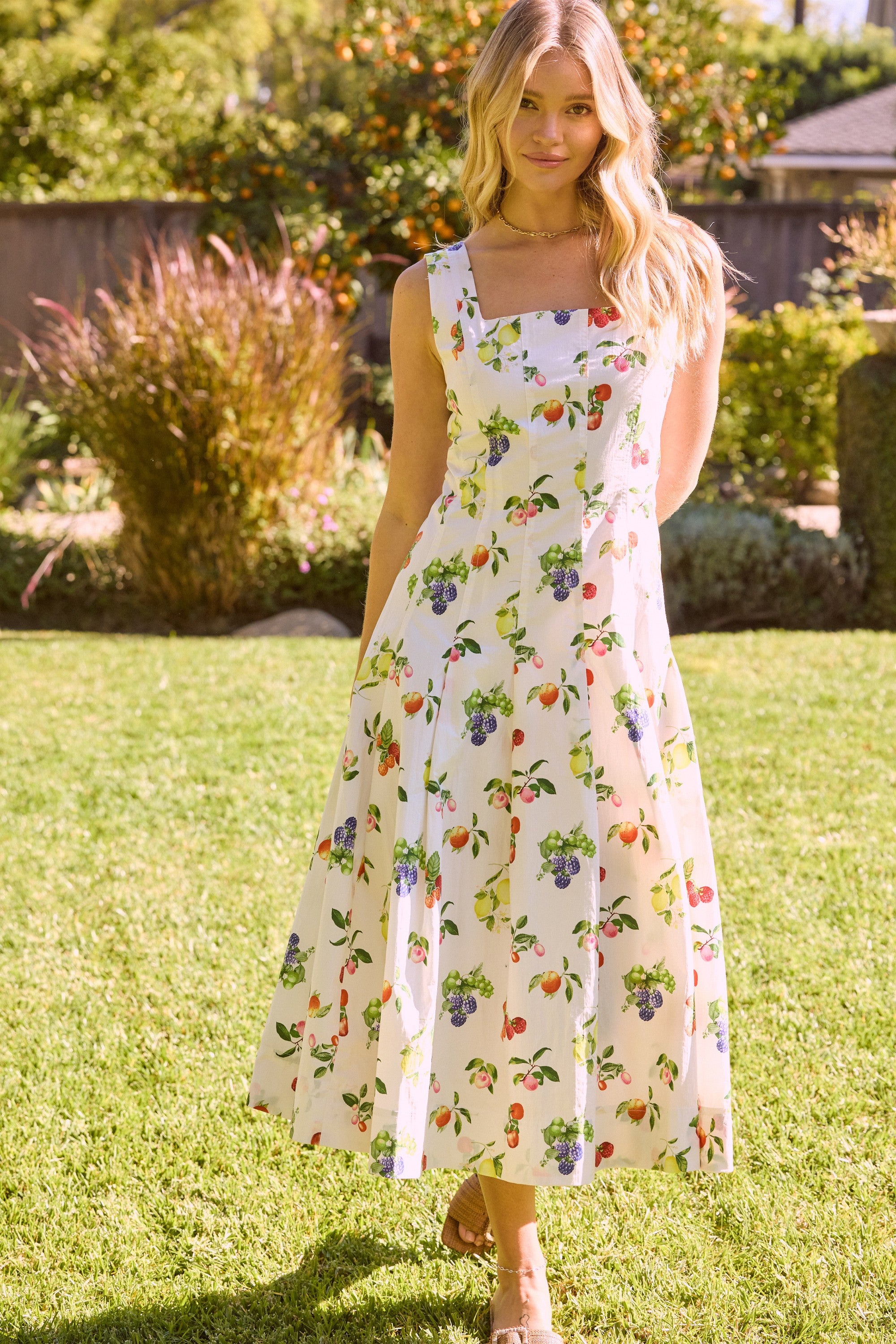 Eva Fruit Print Panelled Midi Dress