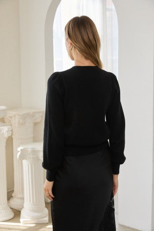 Era Ribbon Trim Puff Sleeve Knit Cardigan