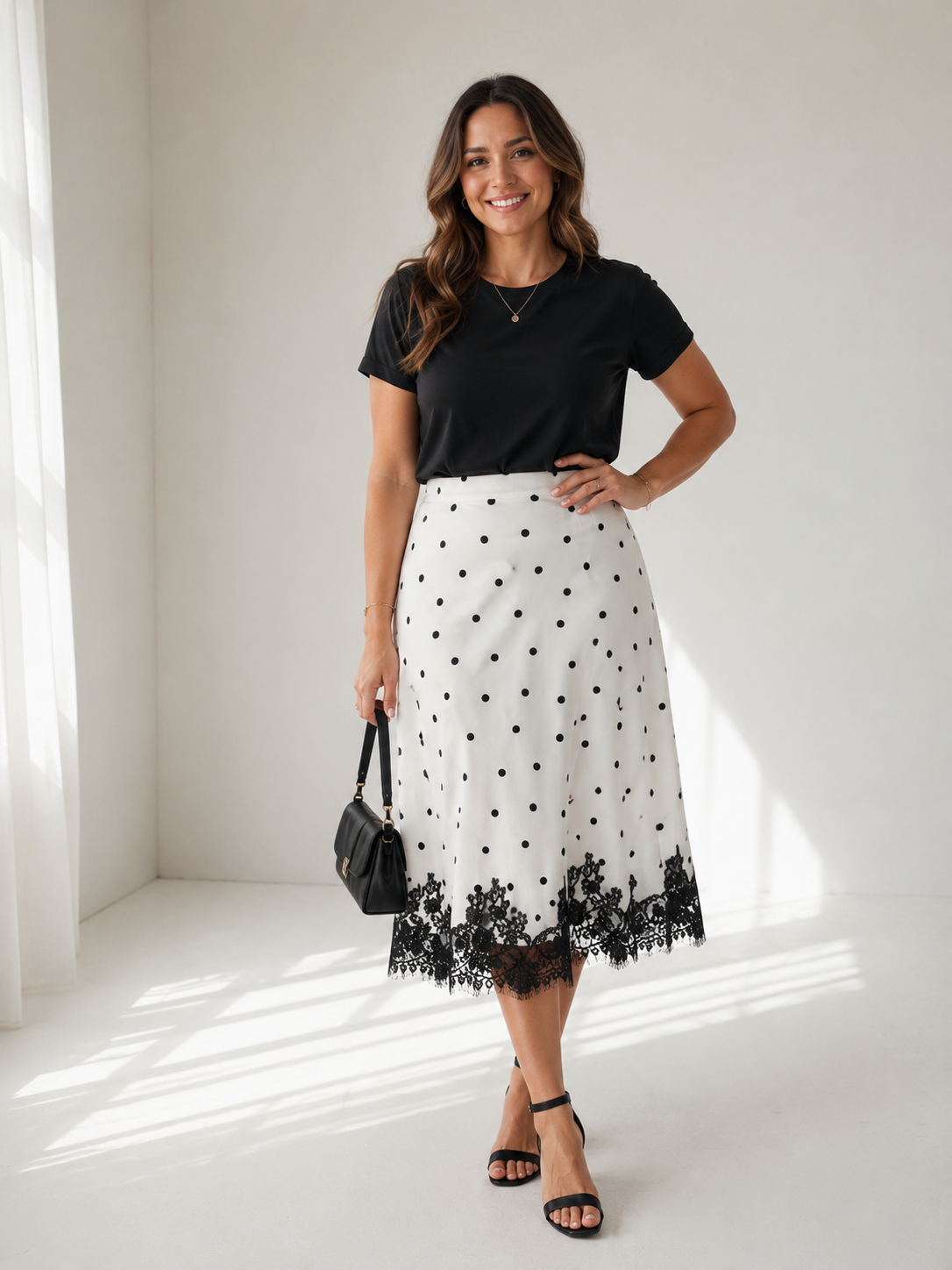 Adiana Polka Dot Midi Skirt with Lace Trim