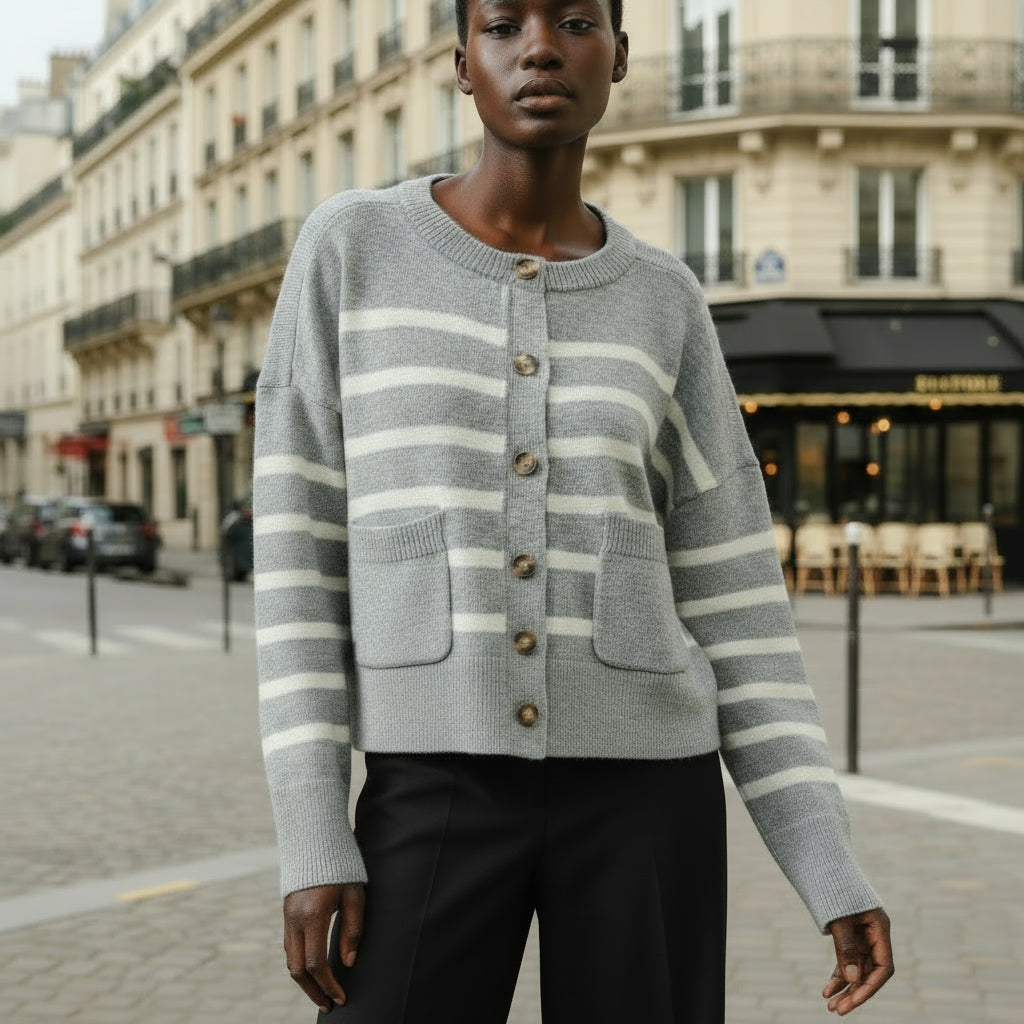 Reva Striped Crew Neck Button Down Cardigan