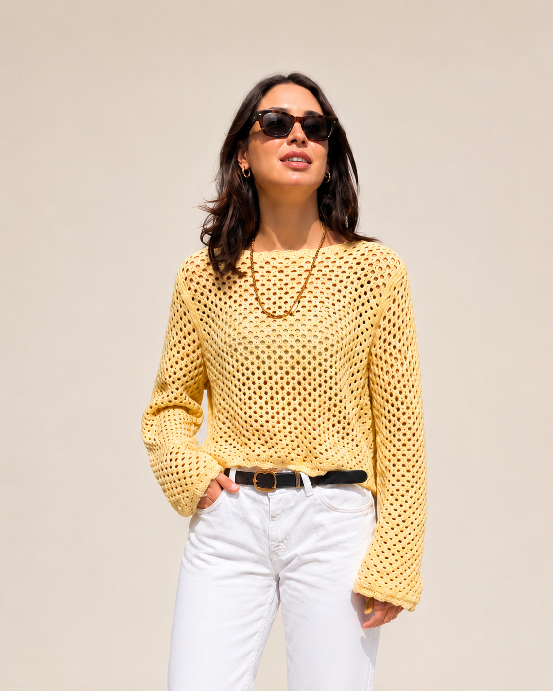 Katerina Crochet Open Knit Scallop Trim Sweater