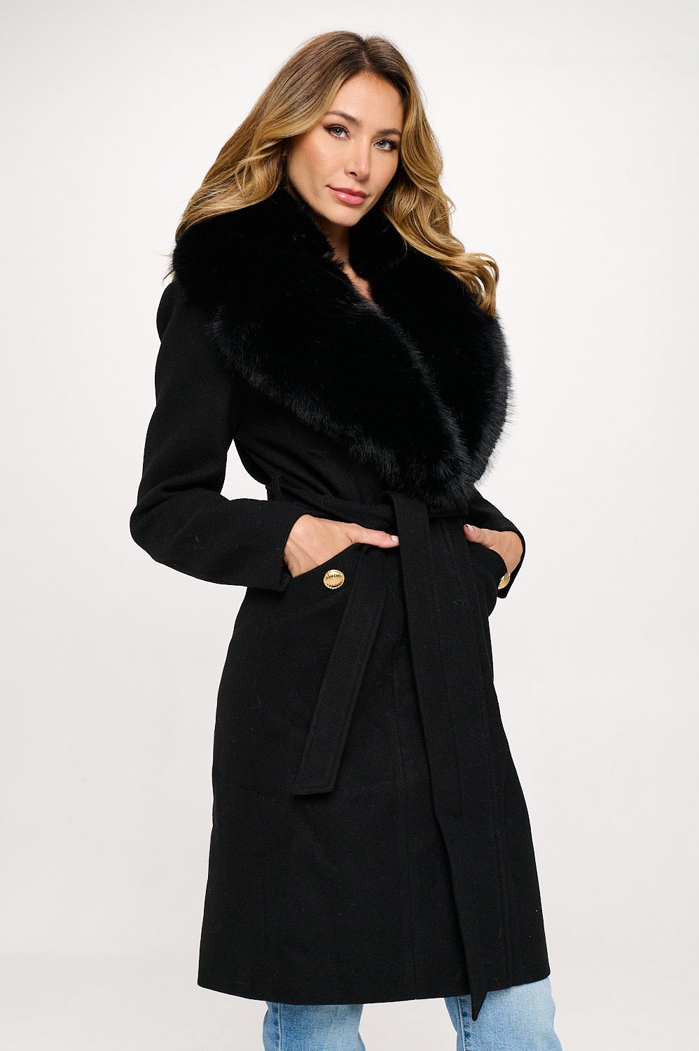 Beatrix Belted Vegan Wool Coat with Removable Fur Cuffs and Collar