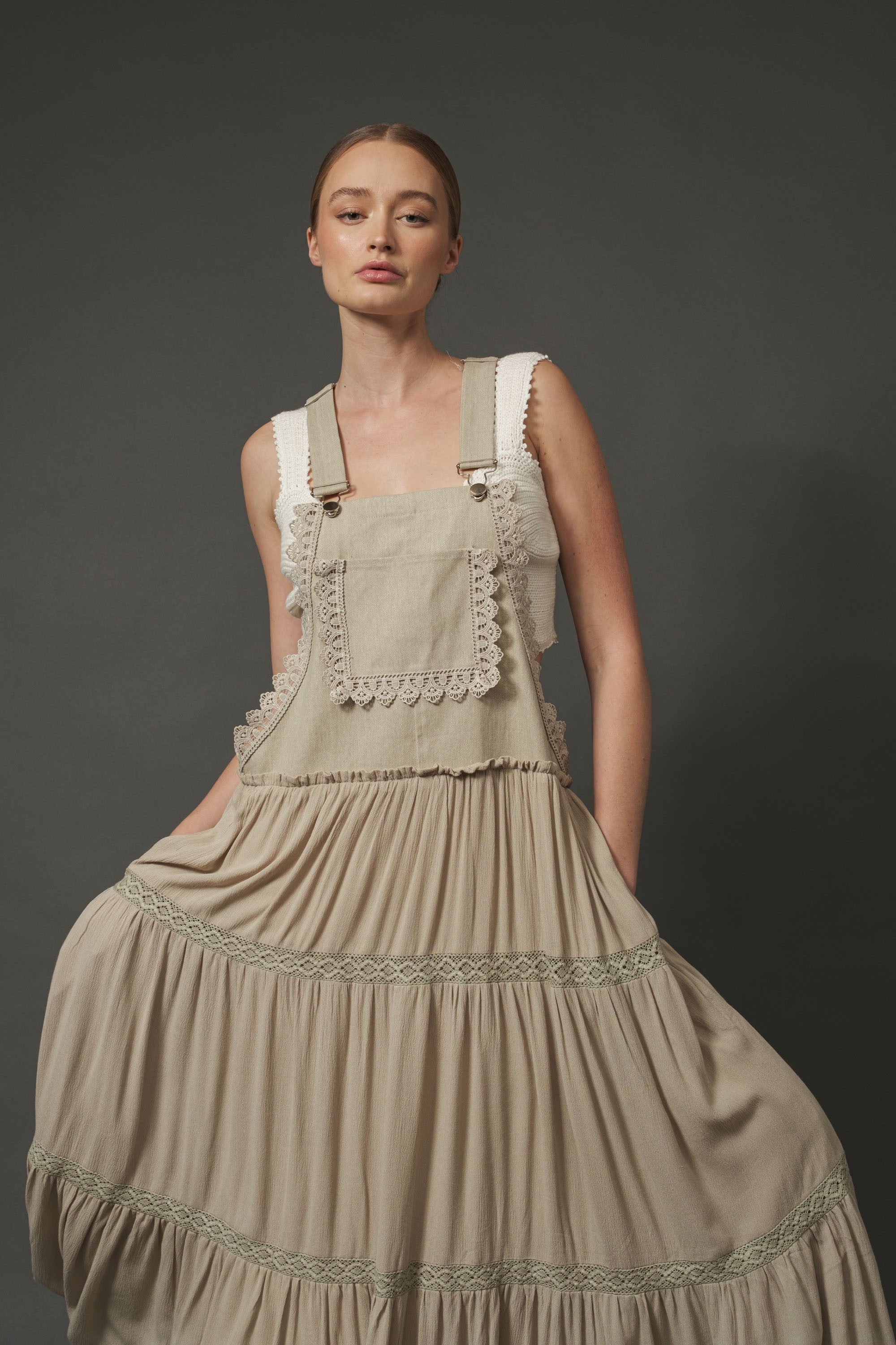 Laurie Mix Media Overall Dress with Lace