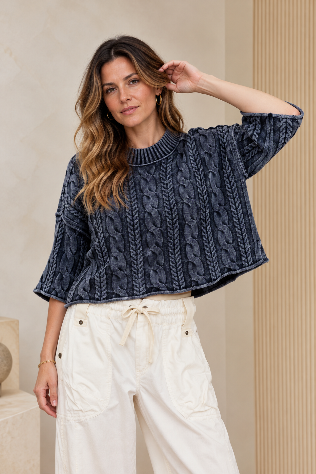Dea Cropped Cable Knit Rolled Turtleneck Sweater