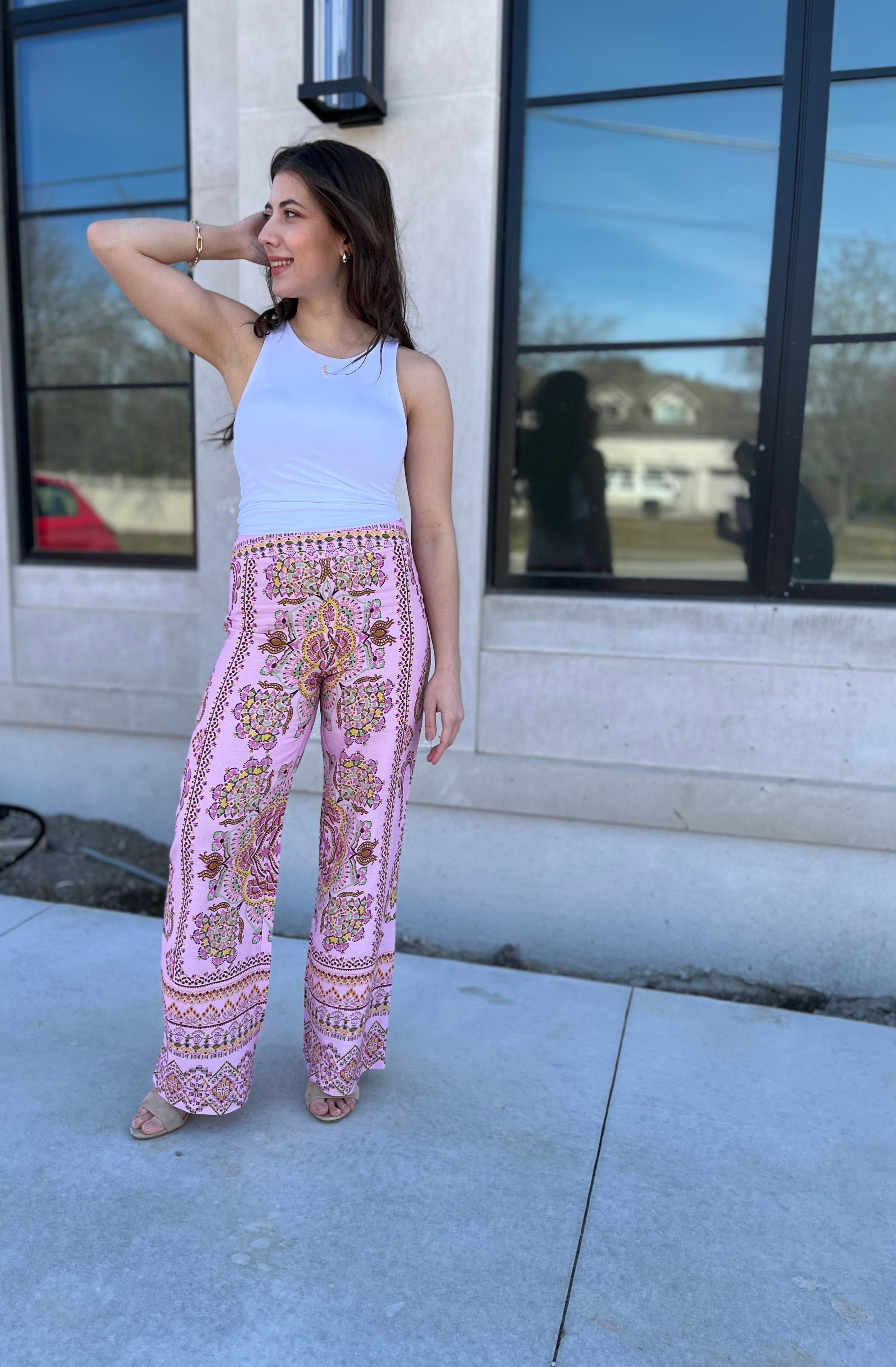 Raquel Border Print Linen Blend High Waist Trousers