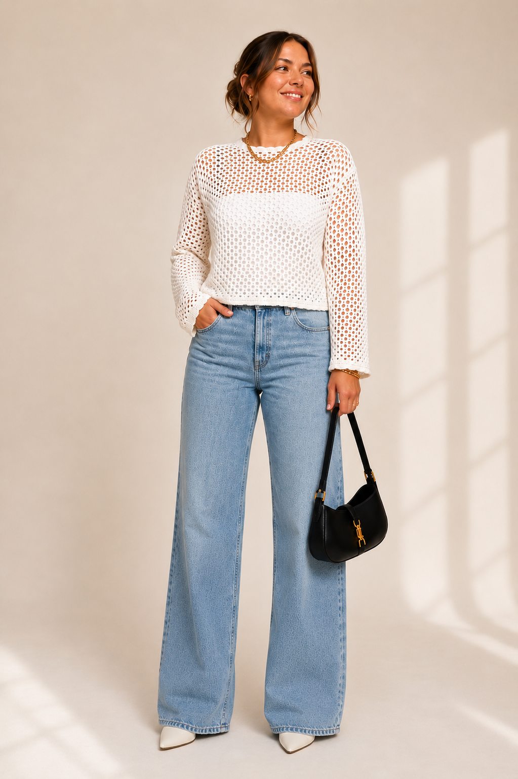 Katerina Crochet Open Knit Scallop Trim Sweater