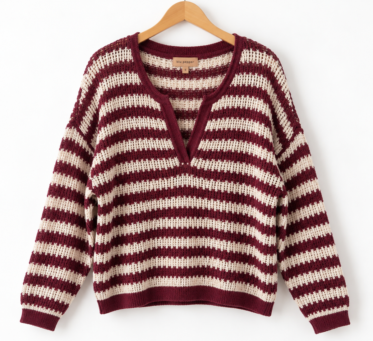 Katy Split Neck Raw Edge Sheer Knit Sweater