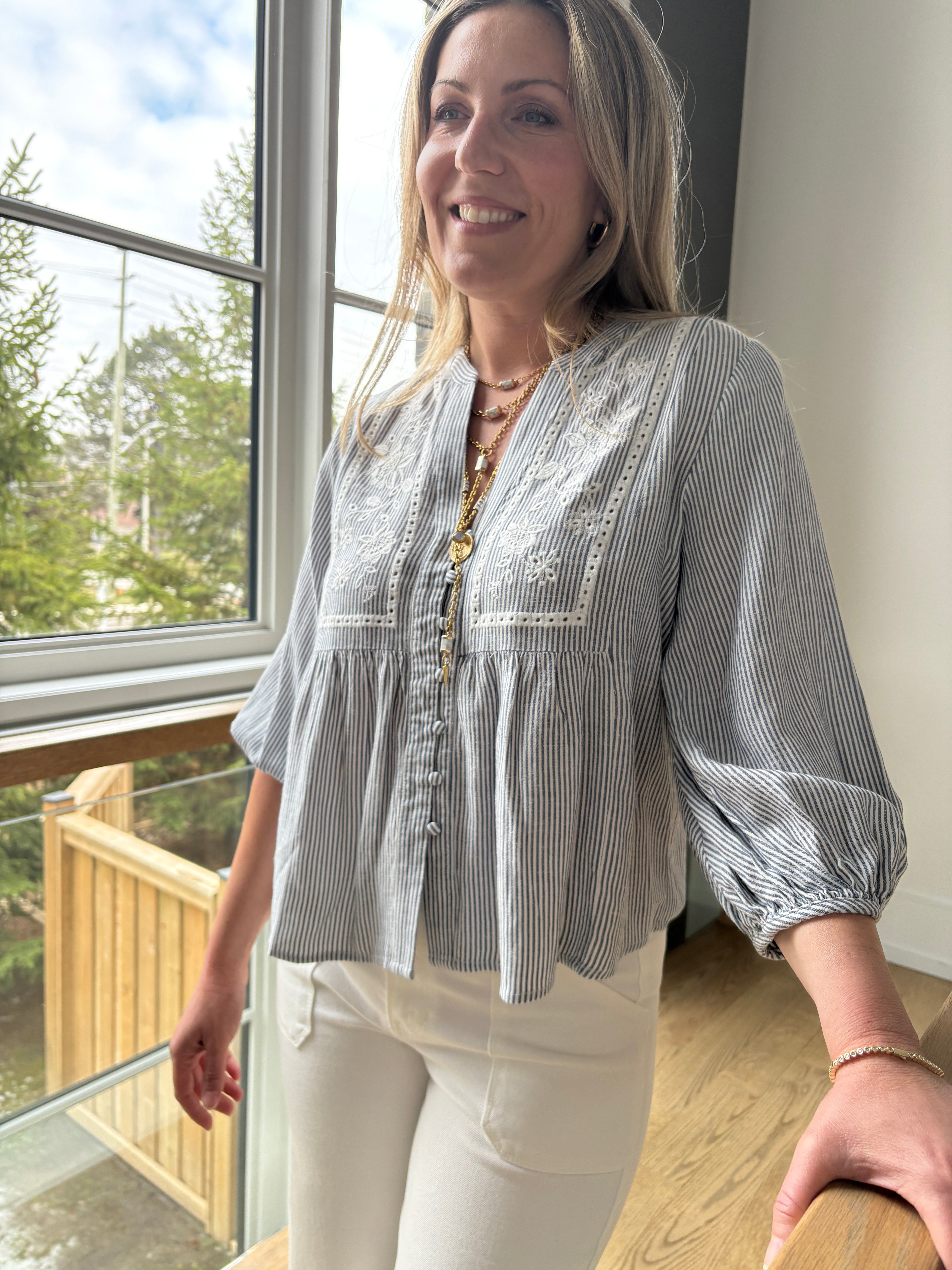 Valentina Embroidered Striped Button Up Woven Top