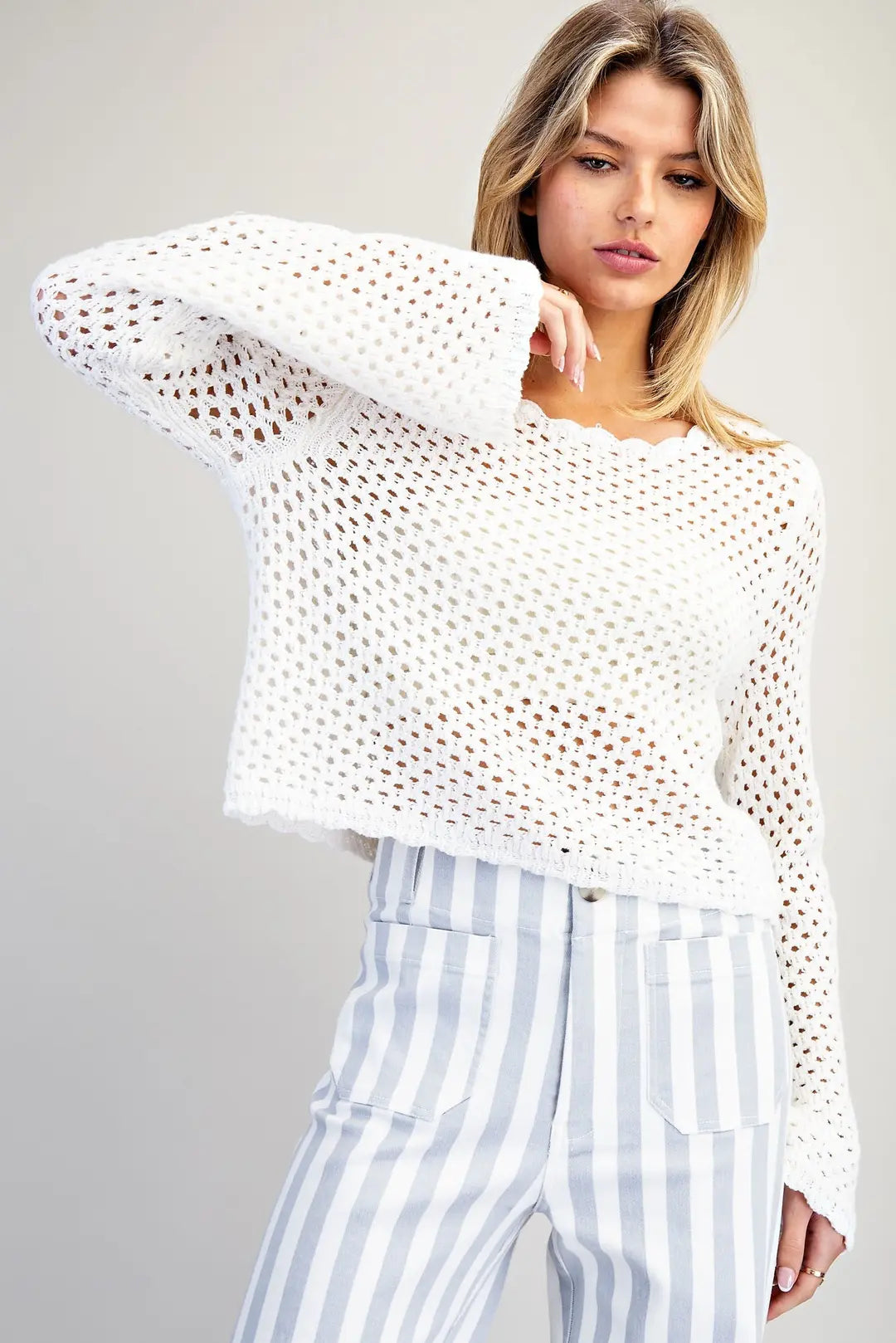 Katerina Crochet Open Knit Scallop Trim Sweater