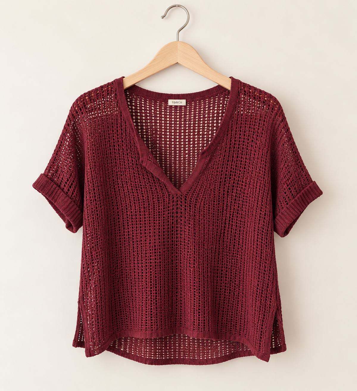Evie Split Neck Short Sleeve Crochet Knit Top