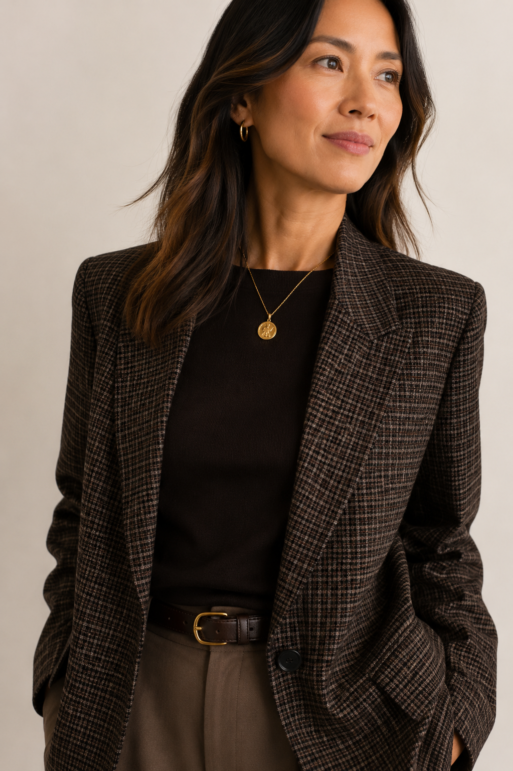 Tori Plaid 3/4 Ruched Sleeve Blazer