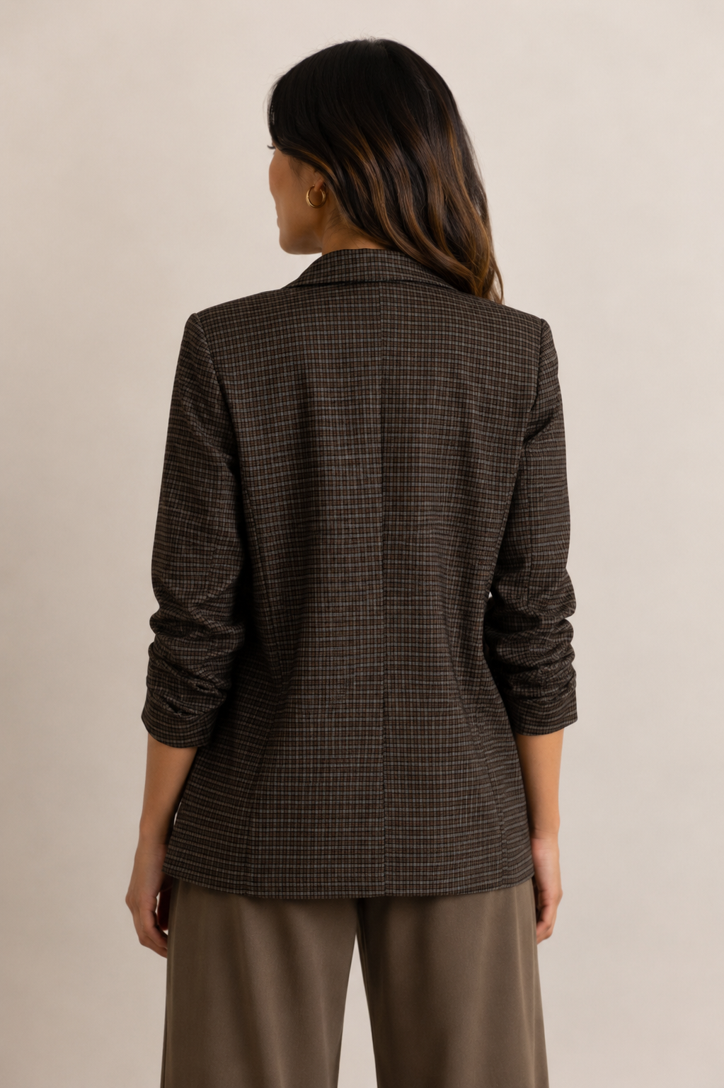 Tori Plaid 3/4 Ruched Sleeve Blazer