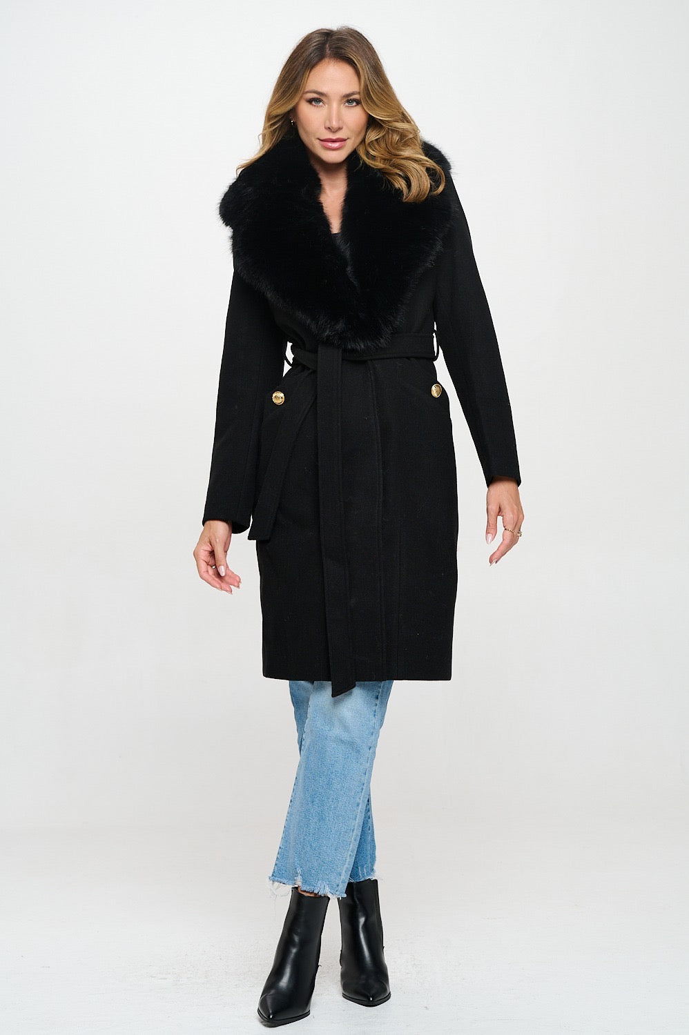 Beatrix Belted Vegan Wool Coat with Removable Fur Cuffs and Collar