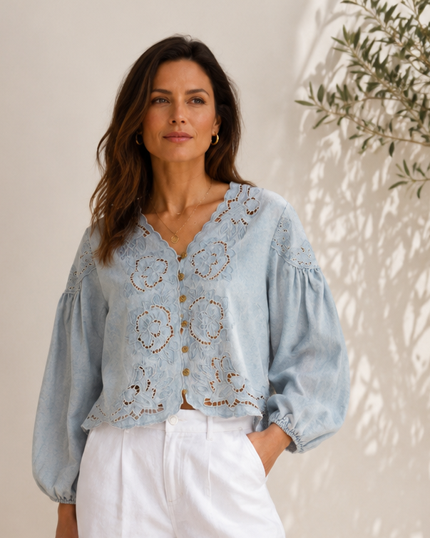 Boho Betty Denim Embroidery Volume Sleeve Top