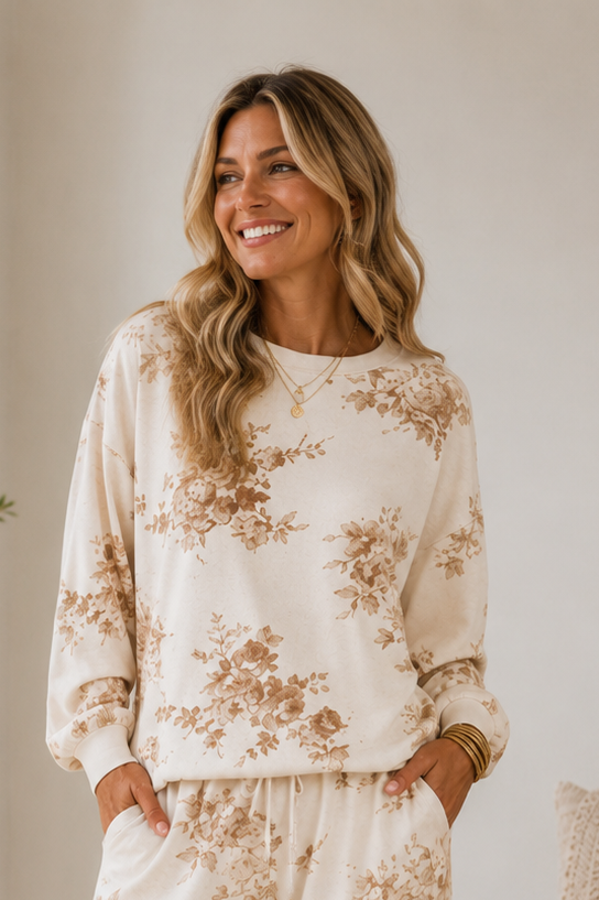Avena Floral Toile Long Sleeve Crew Neck Knit Top