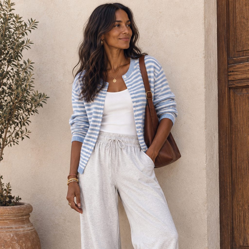 Madira Stripe Raw Edge Drop Shoulder Knit Cardigan
