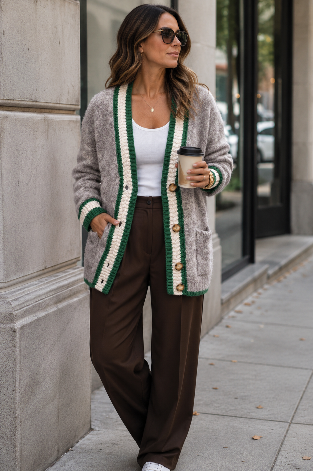 Mocha Mousse Trim Button Down Preppy Cardigan