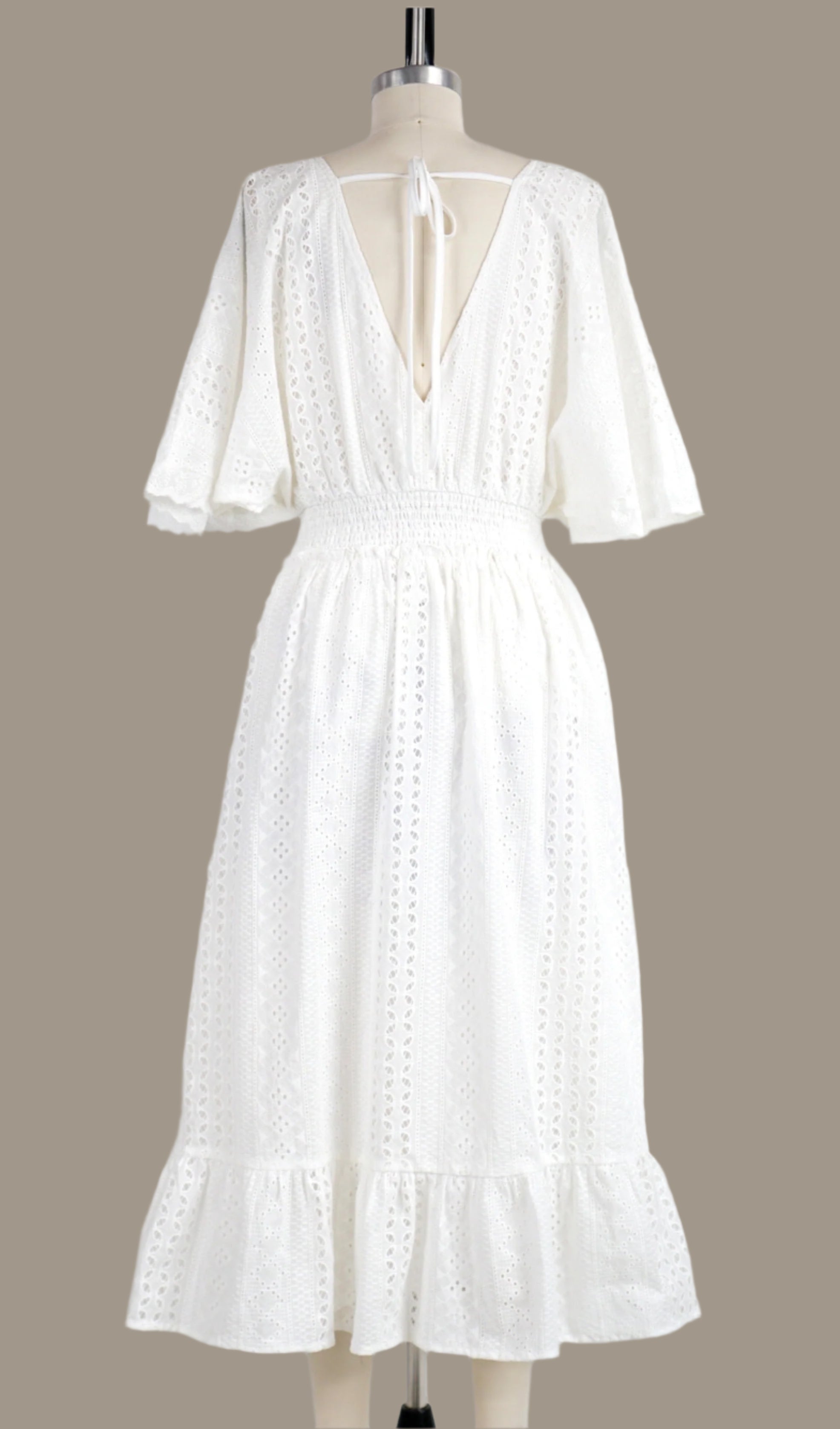 Iris Short Dolman Sleeve Elastic Waist Eyelet Mid Dress