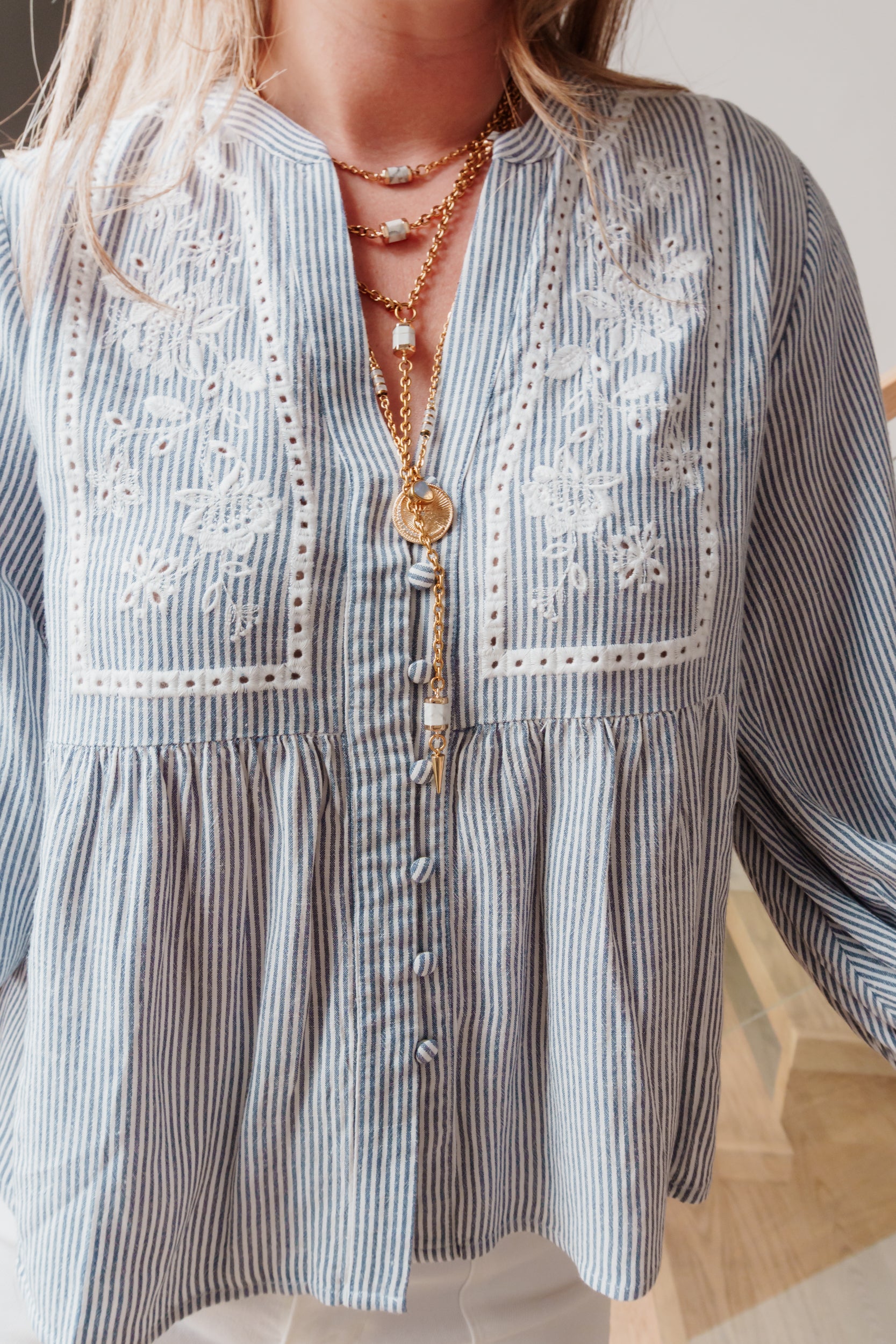 Valentina Embroidered Striped Button Up Woven Top